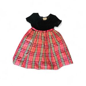 Elegant Black Velvet Top With Black, Red & Cream Plaid Taffeta Kids Formal Dress